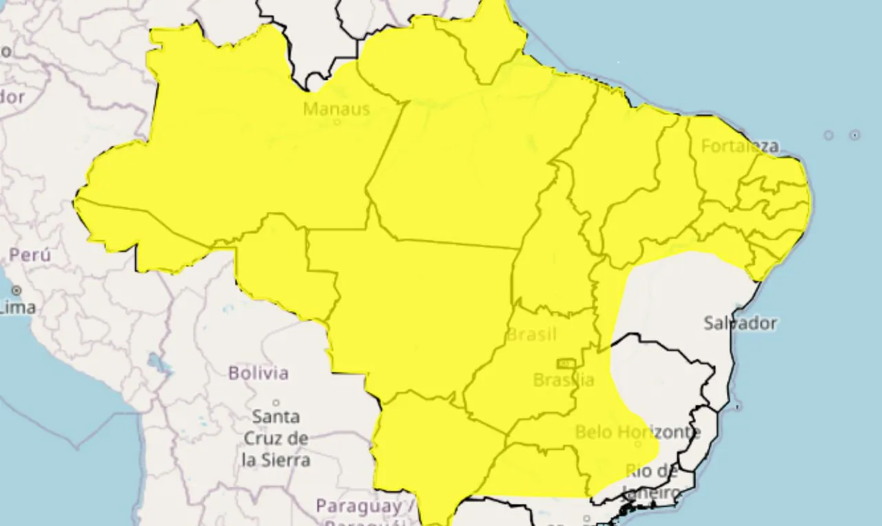 O mapa mostra as &aacute;reas em alerta para chuva intensa e ventos